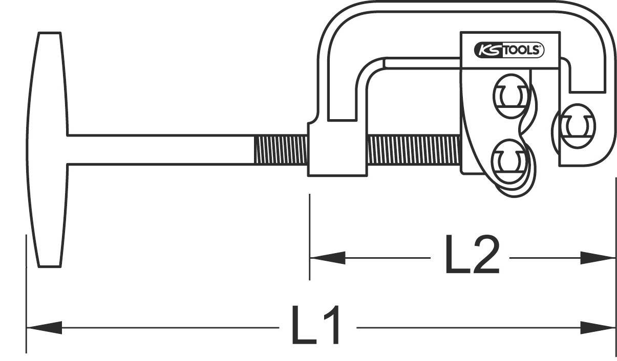 Tool with two length specifications, L1 and L2. Screw mechanism on the left with spindle and handle. Suitable for precise tightening or loosening.