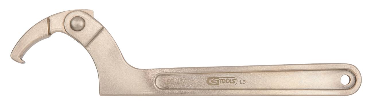 Metal spanner with a curved hook at the end, suitable for loosening and tightening round nuts or rings.