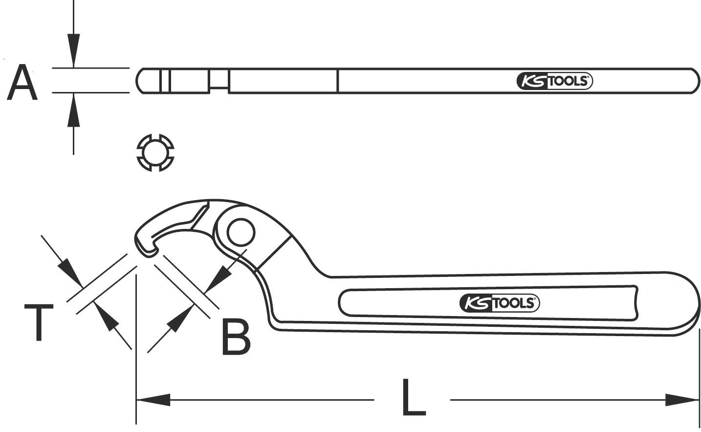'Technical drawing of a hook spanner by KS Tools, side and front view with dimensions A, B, T and L'