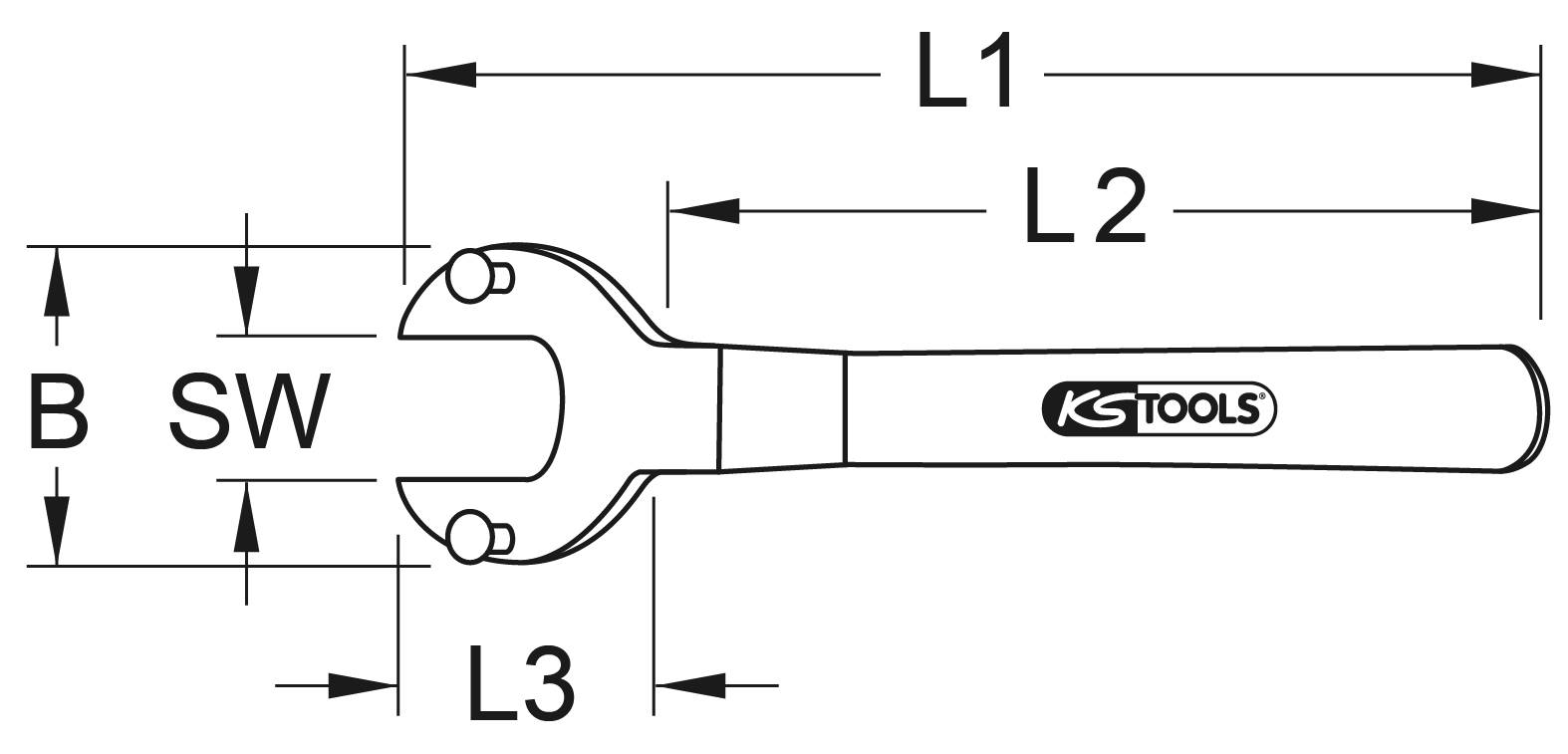 Illustration of a spanner by KS Tools. Labels show dimensions: L1, L2, L3, B and SW.