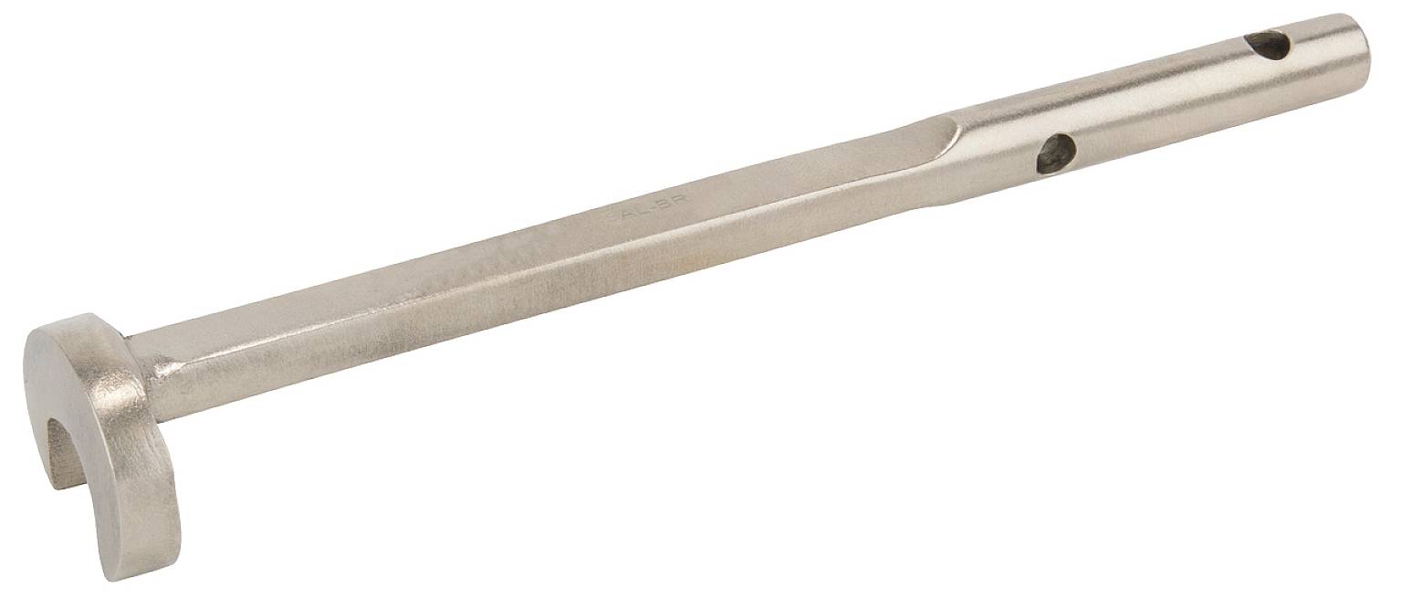 A metal rod with a rectangular cross-section and a curved, hook-like end. It has holes along its length.
