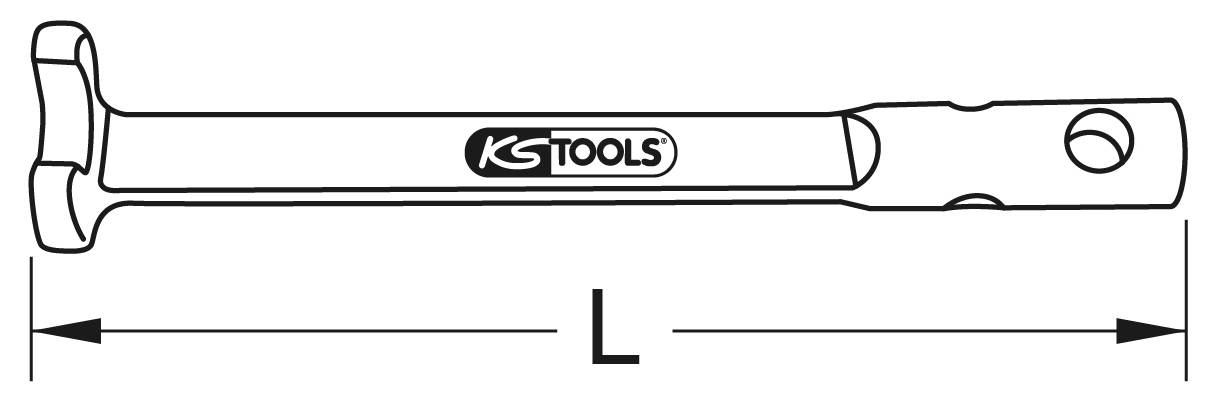 Drawing of a T-handle socket wrench, length 'L' marked. Brand logo visible in the centre of the handle.