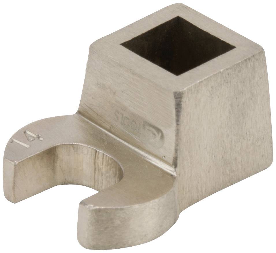 Metallic socket insert for torque wrench with rectangular opening and circular holder.