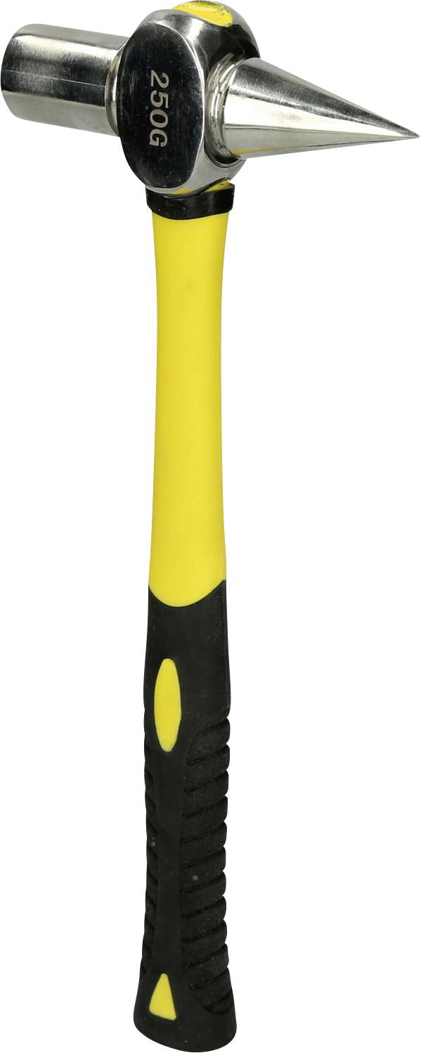 Yellow and black dead blow hammer with steel cylindrical and conical striking heads labeled 250g, isolated on white background.