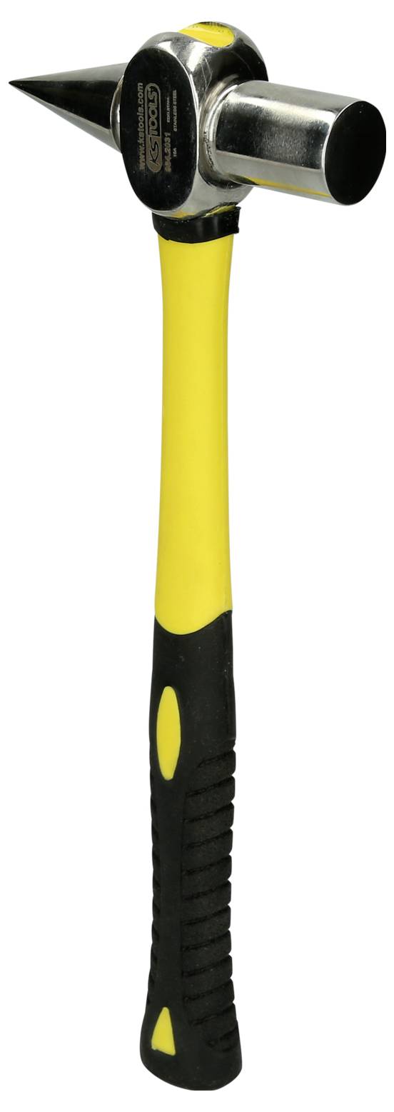 Close-up of a claw hammer with a yellow and black handle on a white background.
