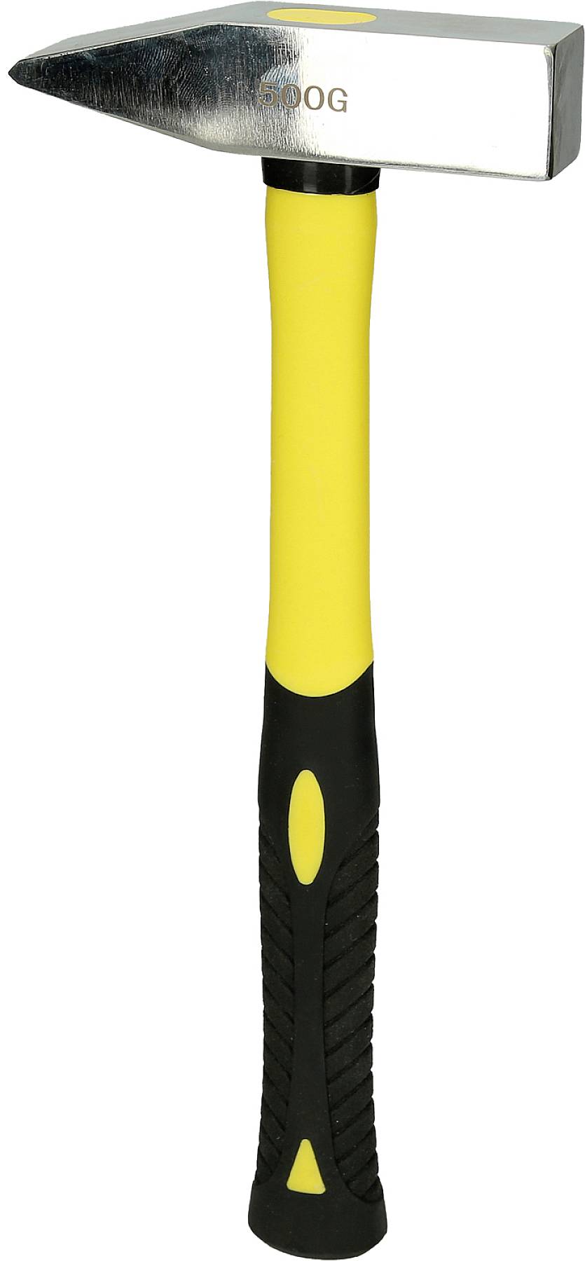 Hammer with a yellow handle and black rubber grip, suitable for construction work and DIY projects.