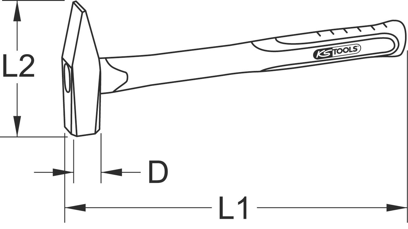 Black and white drawing of a hammer with dimensions L1, L2 and D labelled. 'KS TOOLS' logo visible on the handle.
