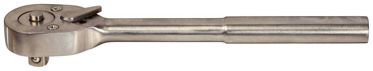 A silver ratchet spanner with a straight handle and lever mechanism for direction adjustment, used for mechanical work.