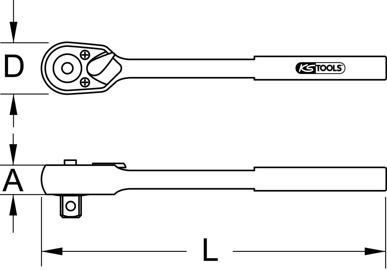 Technical drawing of a ratchet by KS Tools. Shows side and top view with marked dimensions D, A and L.