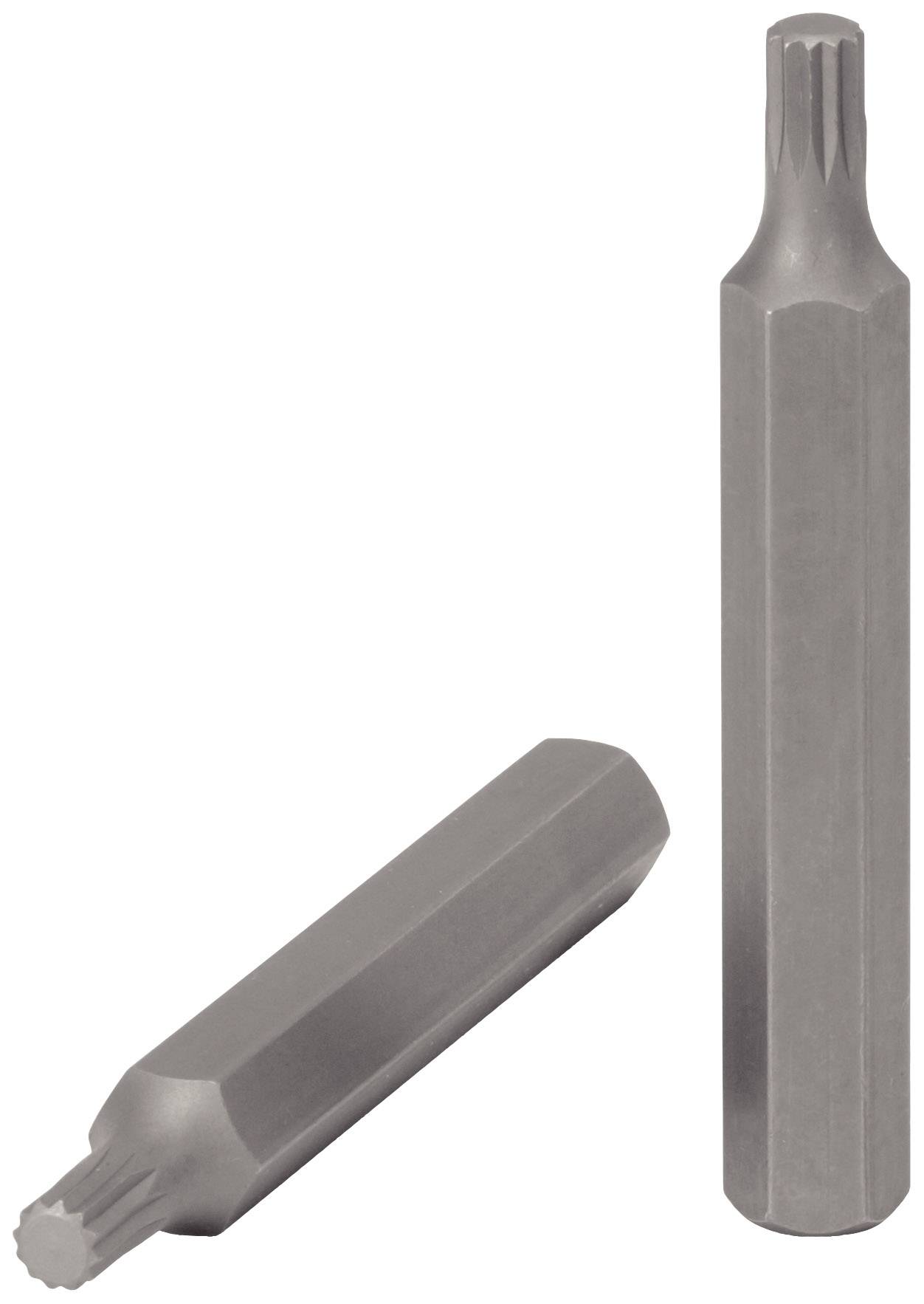 Two silver tools with star-shaped ends, similar to Torx bits. They are suitable for use with screws and bolts.