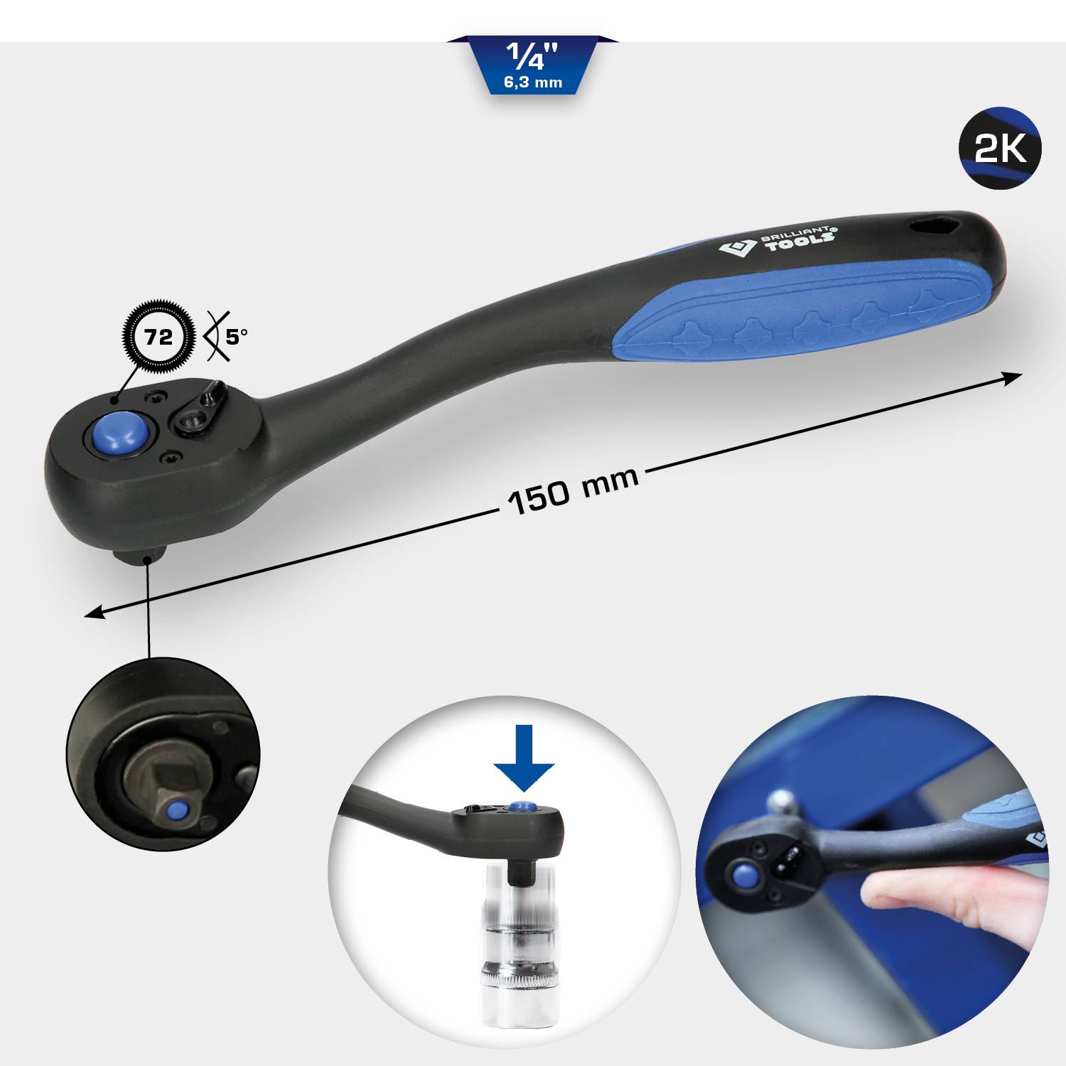 'Torque wrench with 150 mm length and 72 detents, showing detail of the socket connection. Suitable for screws of 1/4" (6.3 mm).'