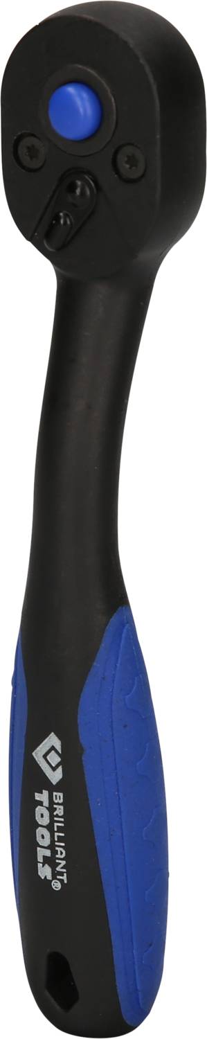 A black and blue ratchet spanner with an ergonomic handle, suitable for use in mechanical repairs.