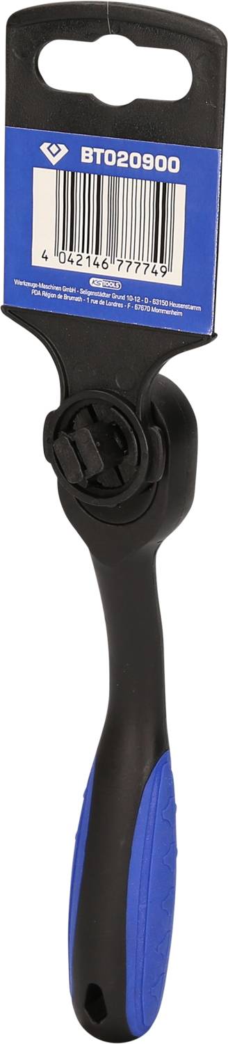 A black and blue handle with a click mechanism, most likely a tool. At the top, there is a label with a barcode.