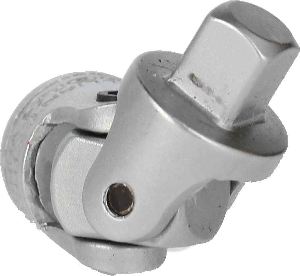 A silver metal universal joint adapter, suitable for socket wrenches, enables movement flexibility at multiple angles.