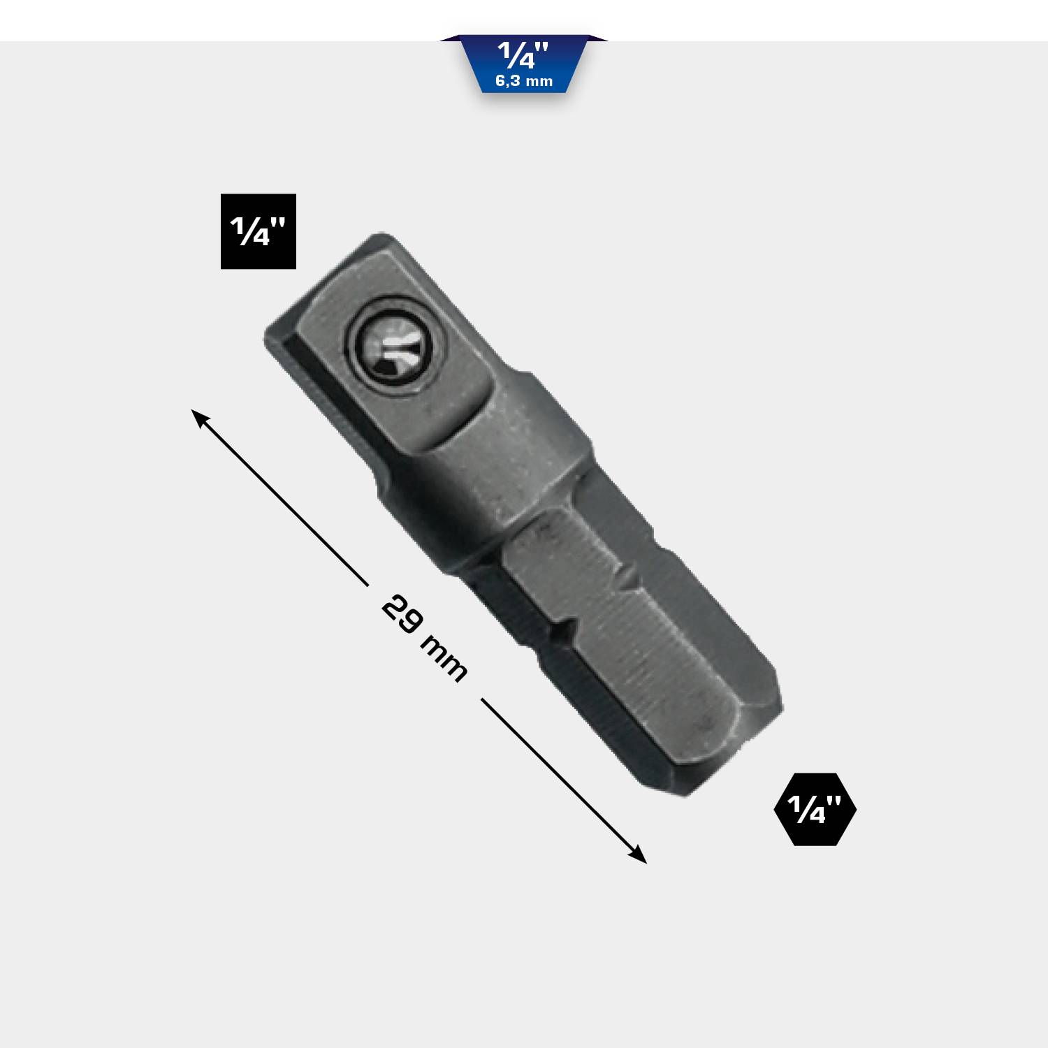Adaptor for 1/4-inch socket wrench, 29 mm long, made of metal.