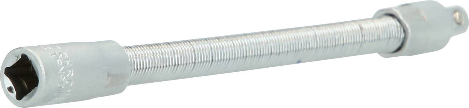 Flexible extension bar for screwdriver or socket wrench with a knurled surface for improved grip.