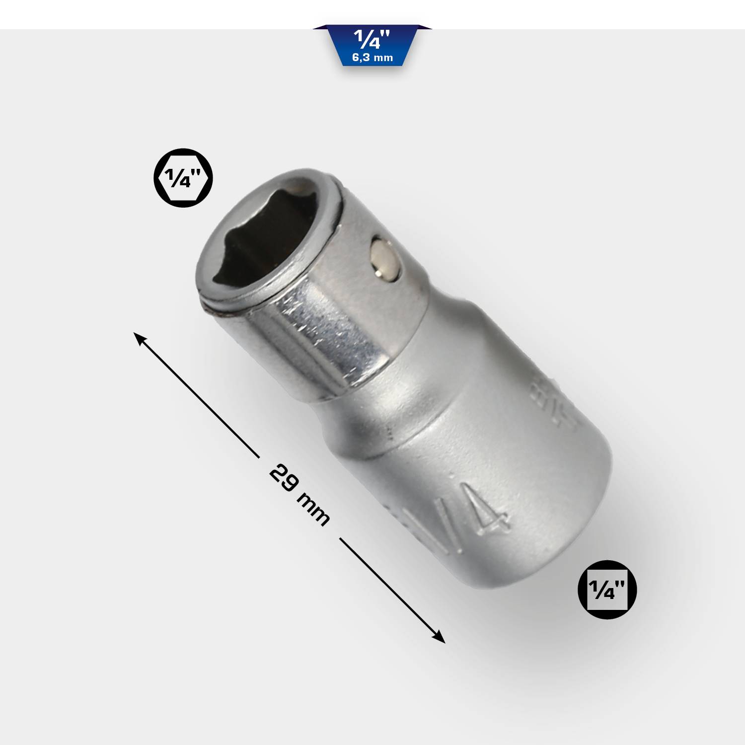 Socket with 1/4-inch drive, length 29 mm. Marked with measurements at top and bottom. Silver metal, suitable for mechanical work.