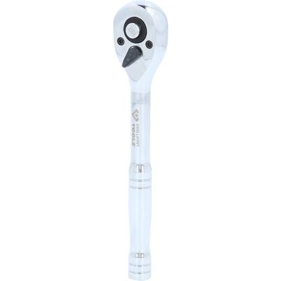 A chrome-plated ratchet spanner with an ergonomic handle and reversible locking mechanism, suitable for various screw applications.