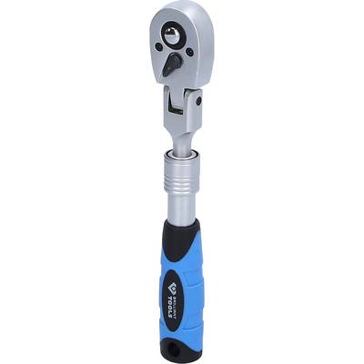 Silver ratchet mechanism with black and blue handle. Suitable for tightening or loosening nuts and bolts.