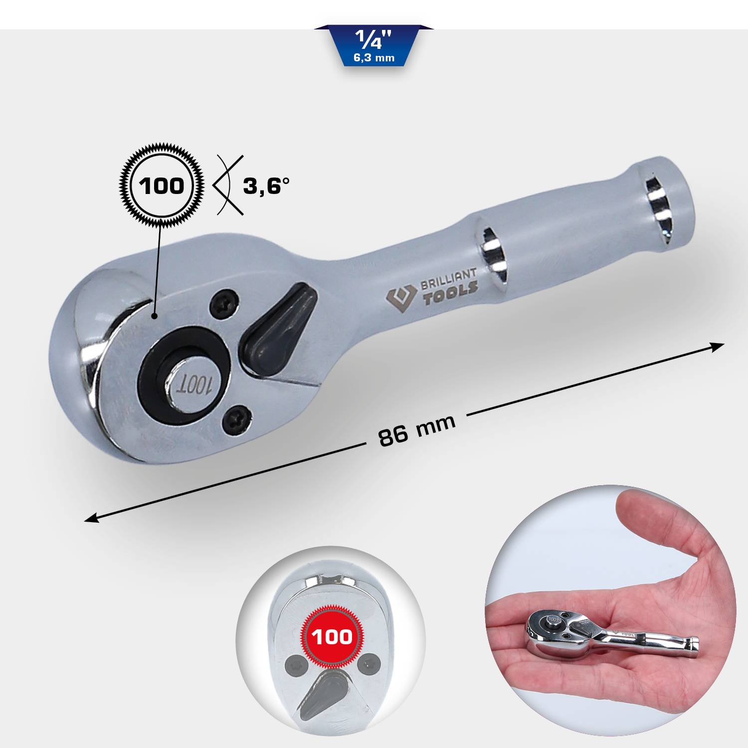 'Silver ratchet with torque indicator and lever. Length: 86 mm. Application image shows tool being held in one hand.'