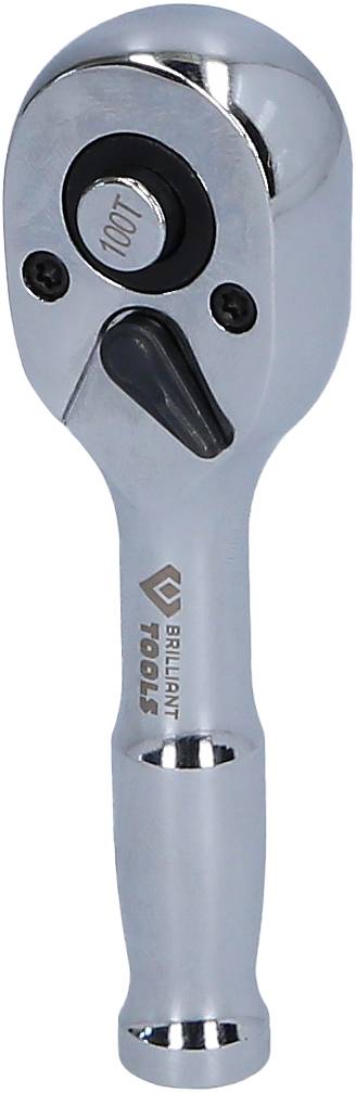 A silver reversible ratchet with the print 'BRILLIANT TOOLS'. It has a handle and a head socket for receiving socket inserts.