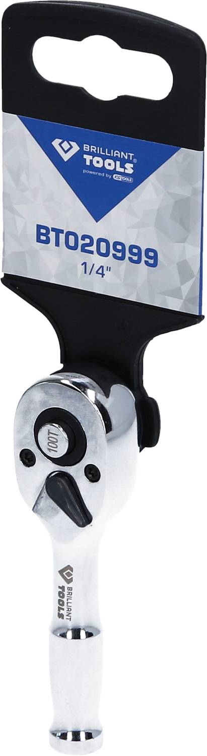 Ratchet with ergonomic handle, 1/4 inch, by Brilliant Tools. Packaging shows brand and model number 'BT020999'.