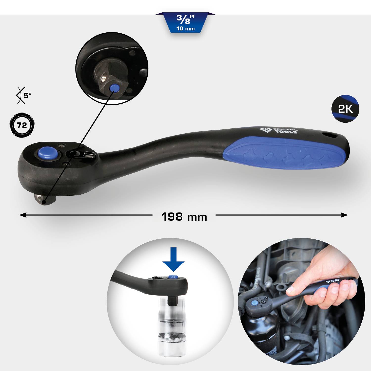 'Ratchet with 3/8'' drive: 72 teeth, 5° swing angle. Length 198 mm. Including detailed view of application in engine compartment and turning knob.'