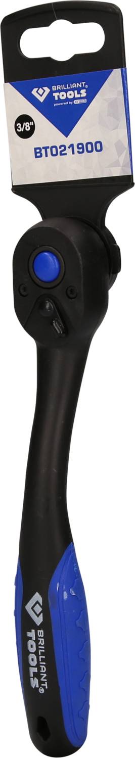 Ratchet tool with blue-black handle, printed packaging on top with product code 'BT021900'.