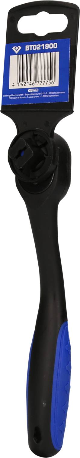 Hand ratchet with plastic handle, black metal with blue label and barcode.