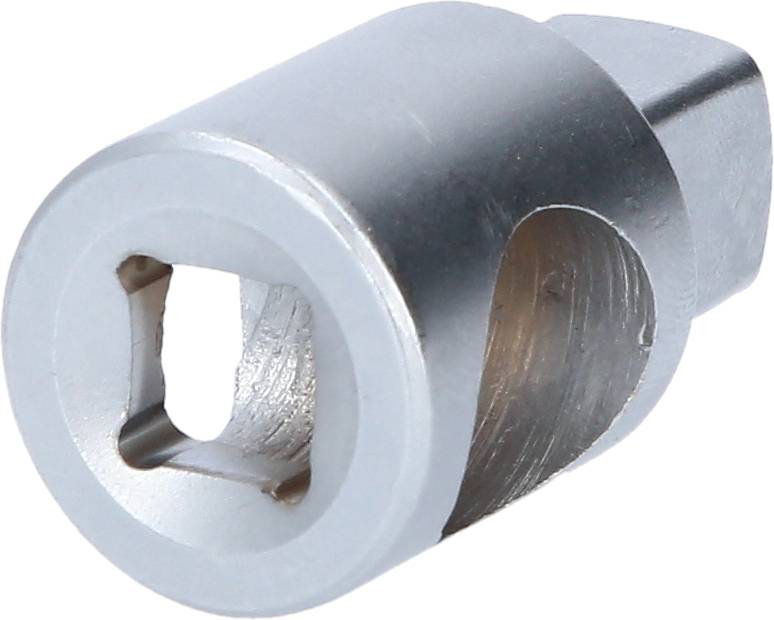 Silver metal piece, cylindrical with a square opening on one side and a tapered end on the other. Possibly a tool component.