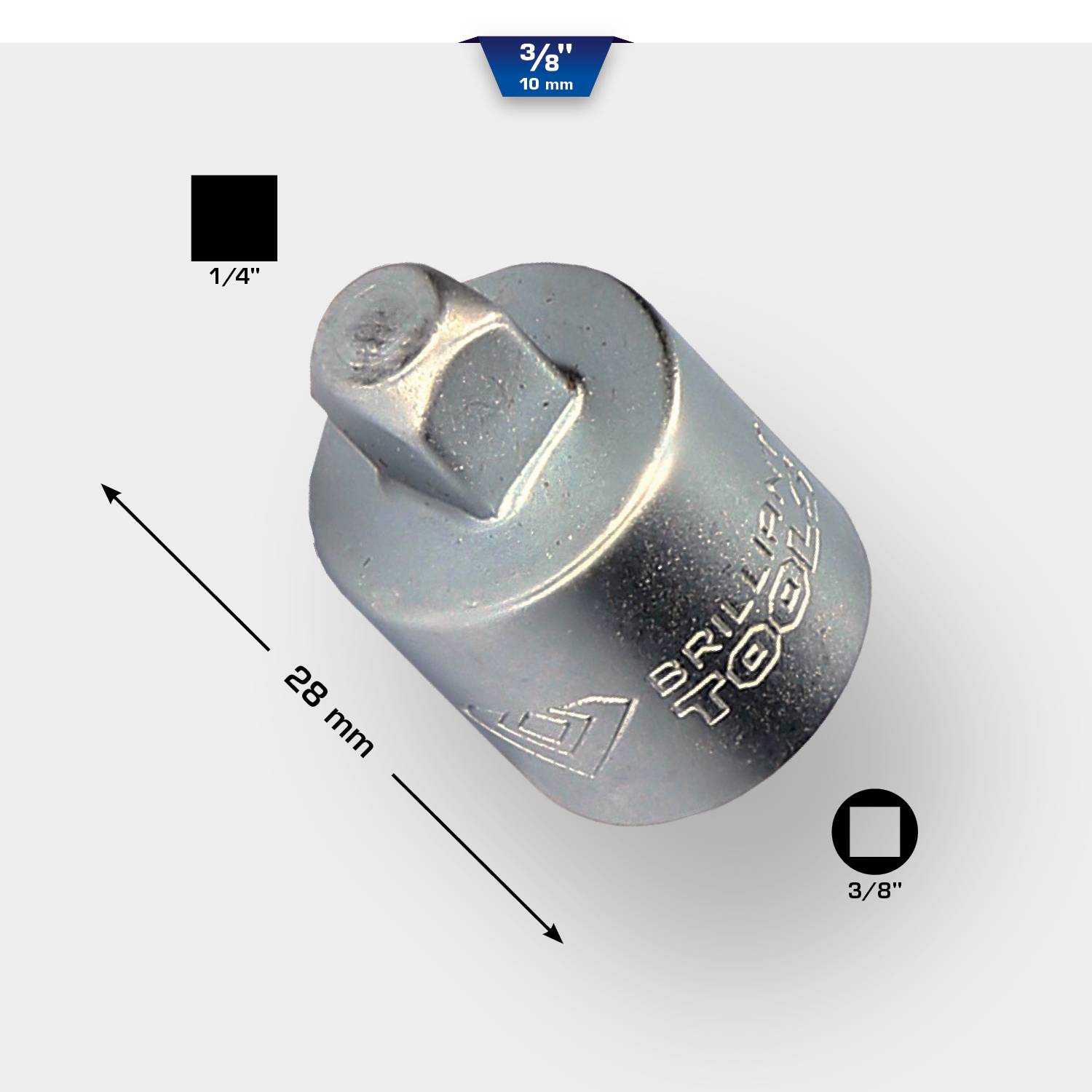 Metal socket adapter, 1/4-inch to 3/8-inch, length 28 mm, with engravings on the surface.
