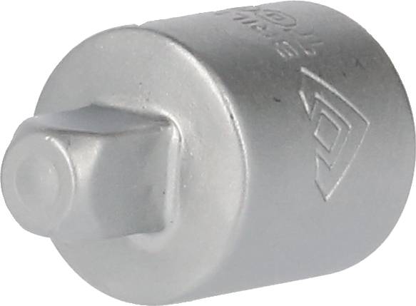 Silver cylindrical socket with a hexagonal profile and square drive, with a large-end surface for connecting to tools.