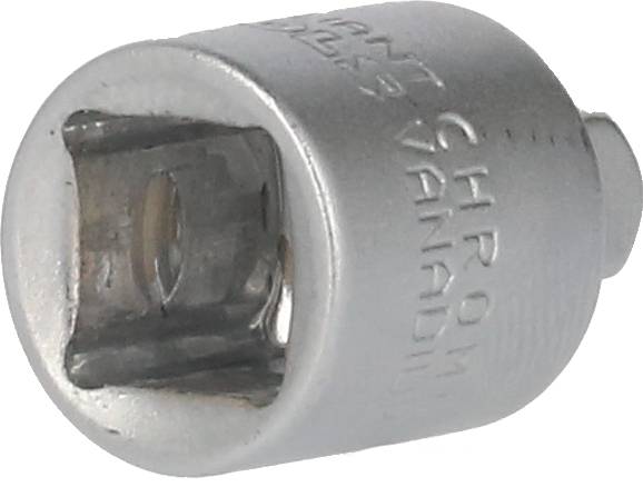 A silver hexagonal socket key attachment made of chrome-vanadium steel for key machines, side-labelled.