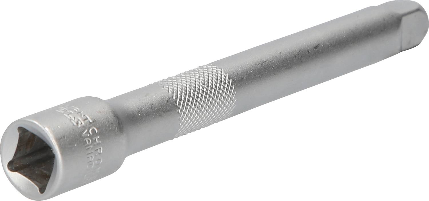 A silver-coloured spanner extension rod with a knurled grip area, placed on a white background surface.