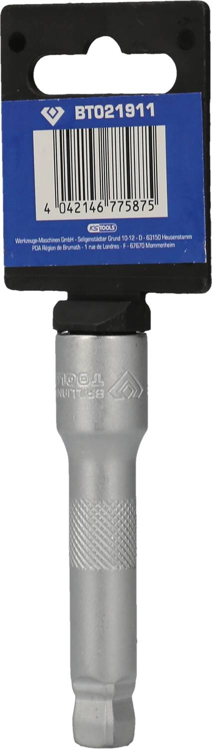 Metal adapter with blue label and barcode 'BTO21911'. Suitable for machinery and hand tools.