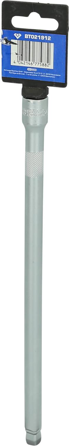 Long, silver-coloured tool attachment with blue packaging, barcode and product information.