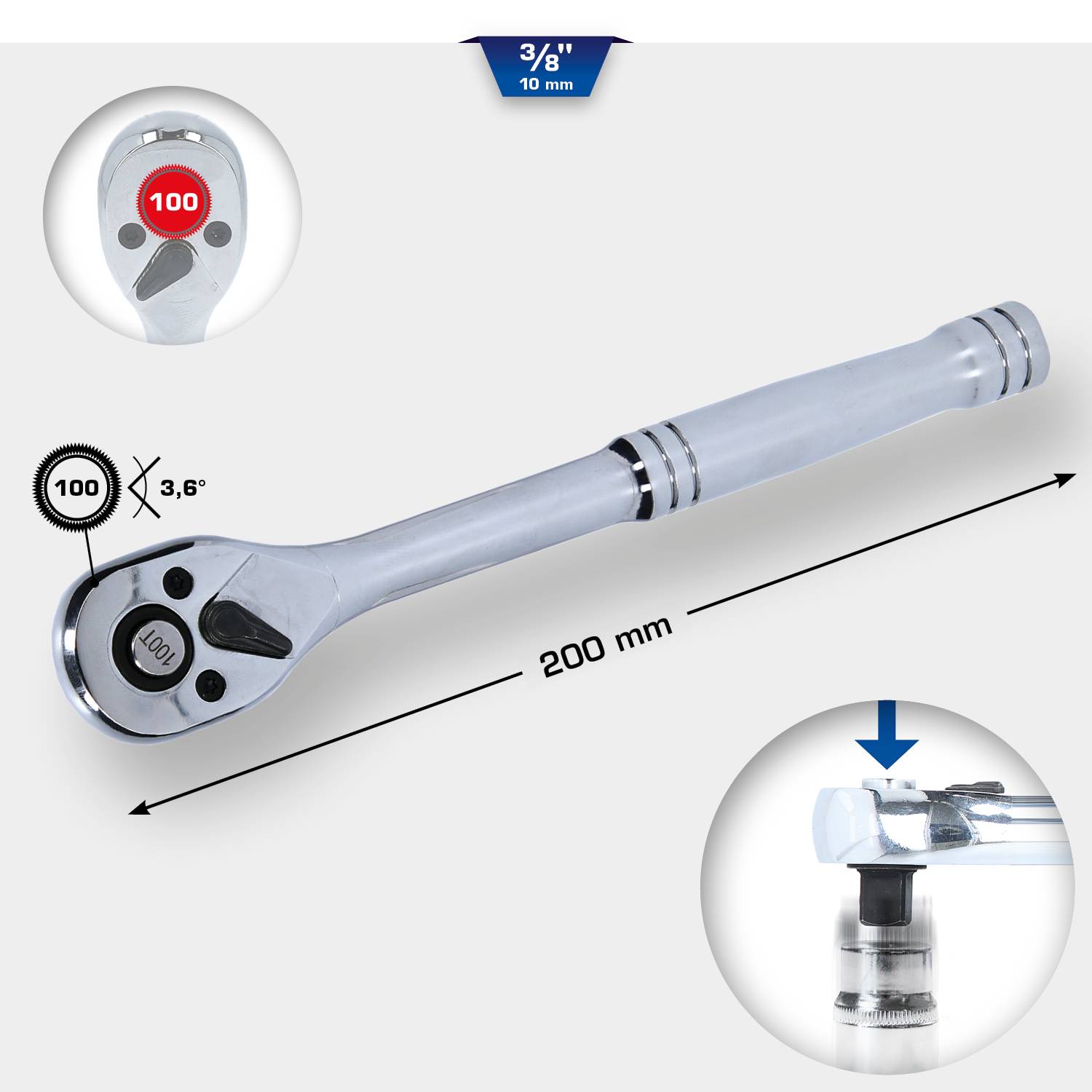 A silver ratchet key with 200 mm length. Shows a ratchet mechanism with 100 teeth, requires a 3.6° rotation angle.
