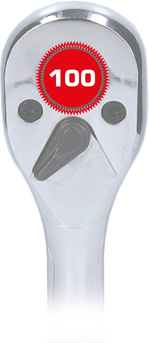 A chrome-plated ratchet head with a red symbol in the centre, with '100' written on it.
