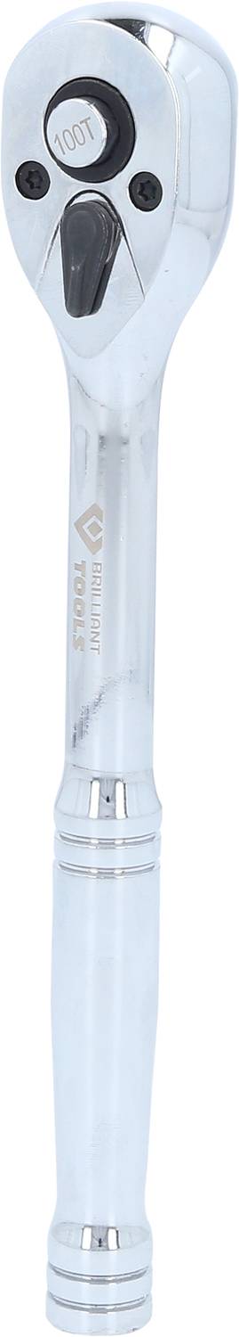 A silver ratchet spanner with an ergonomic handle and swivel head, suitable for precise work in confined spaces.