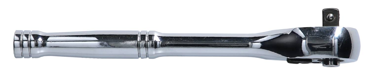 Chrome-coloured ratchet with a swivel head, used for tightening or loosening screws and nuts, shows a side view of the tool.