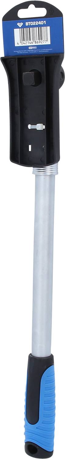 Long gas lighter with blue-black handle, ideal for barbecue or candles. Hanging packaging.
