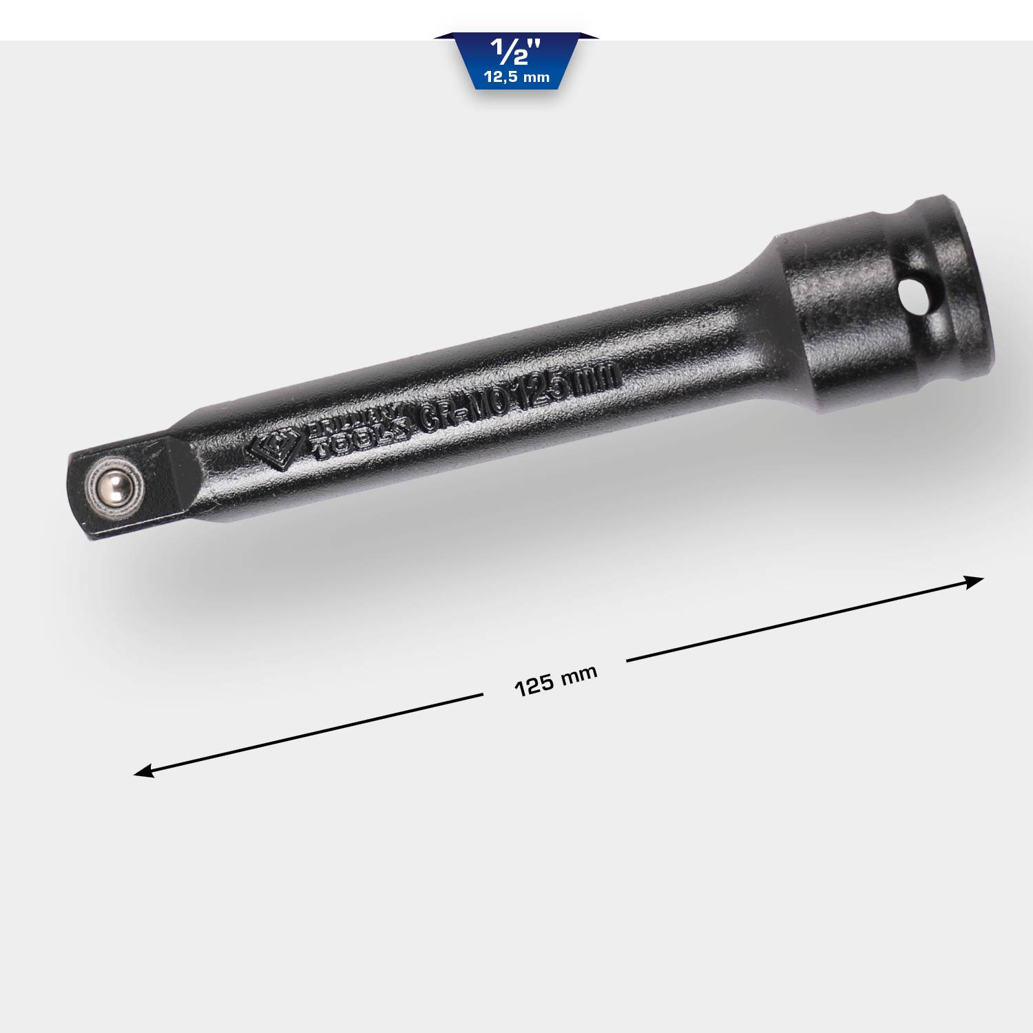 A black tool adapter '1/2 inch 12.5 mm' from TENGTOOLS, 125 mm long, lies at an angle. Diameter and length specifications are highlighted.