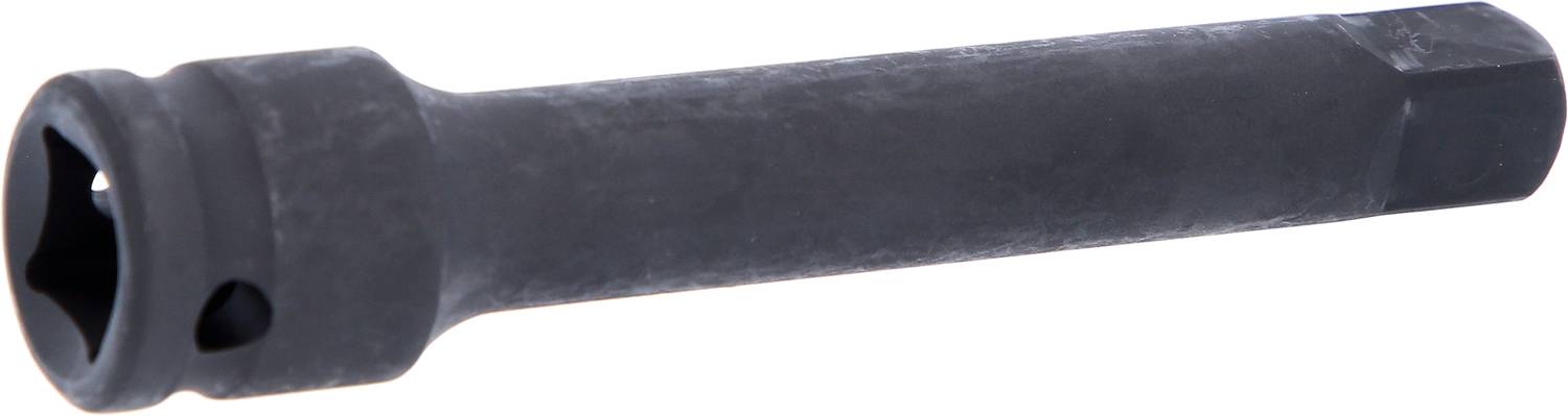 A black metal socket insert, cylindrically shaped, with a hexagonal opening at one end.