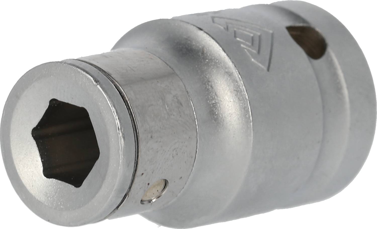 A silver socket with a hexagonal opening, for use with a spanner or a ratchet.