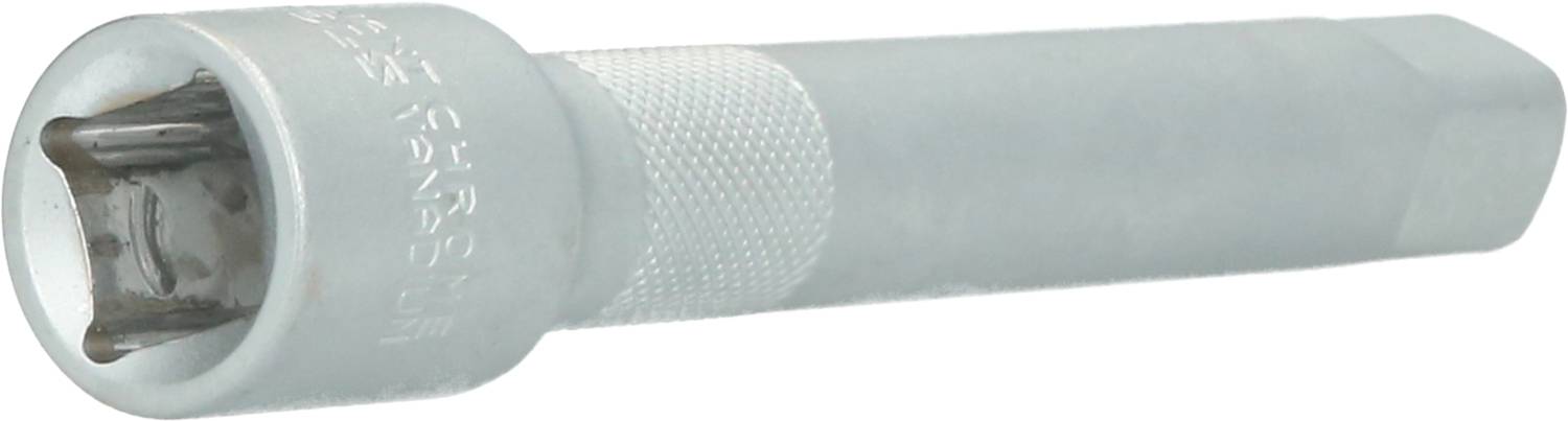 Cylindrical metal nut with a knurled grip and a hexagonal opening, used for manual or mechanical tools.