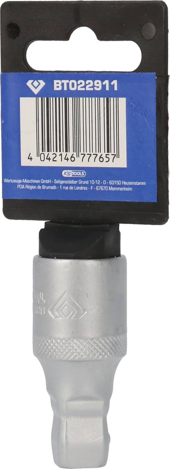 Metal tool attachment with plug connection, barcode and product information on blue label. Brand logo visible.