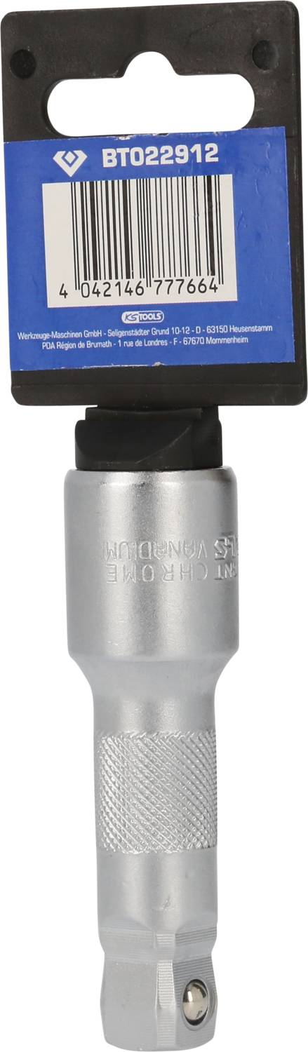 A silver tool extension adapter with a dark holder at the top, displaying a label with a barcode and number.