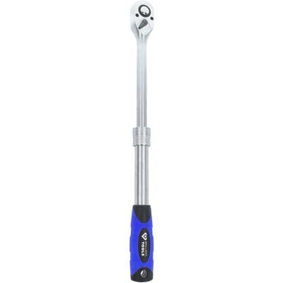 Torque wrench with blue-black handle and graduated metal lever.
