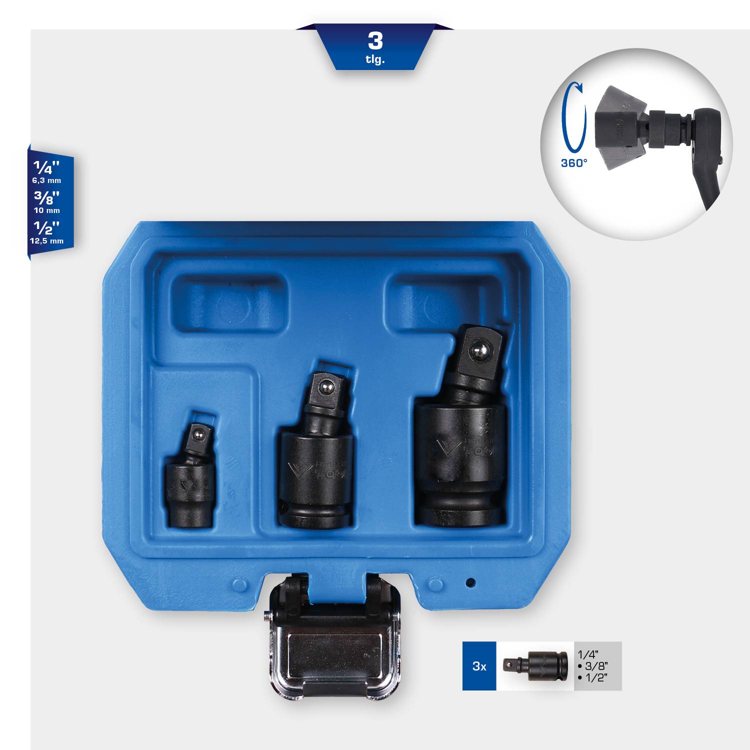 'Three-piece socket adaptor set in blue case, including attachments for 1/4", 3/8" and 1/2" with 360-degree swivel joint.'