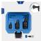 'Three-piece socket adaptor set in blue case, including attachments for 1/4", 3/8" and 1/2" with 360-degree swivel joint.'